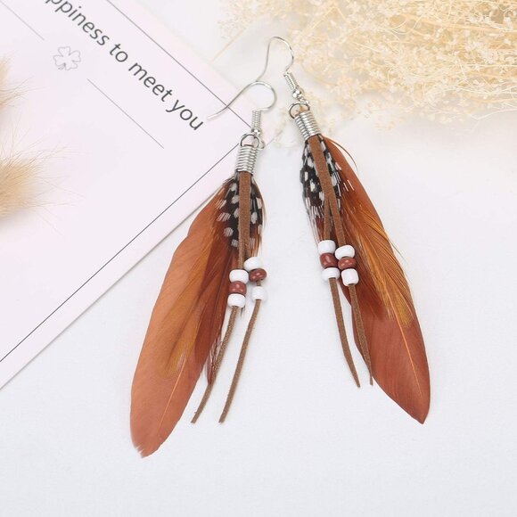 Handcrafted Natural Feather Dangle Earrings - Chic Peacock Design for Gifting - Picture 4 of 7